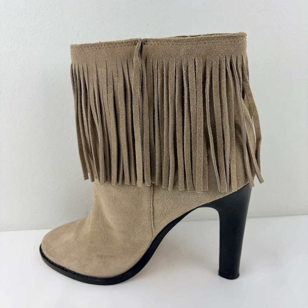 Joie Women's Beige Suede Fringe Ankle‎ Boots EU 39 High Heel Boho
